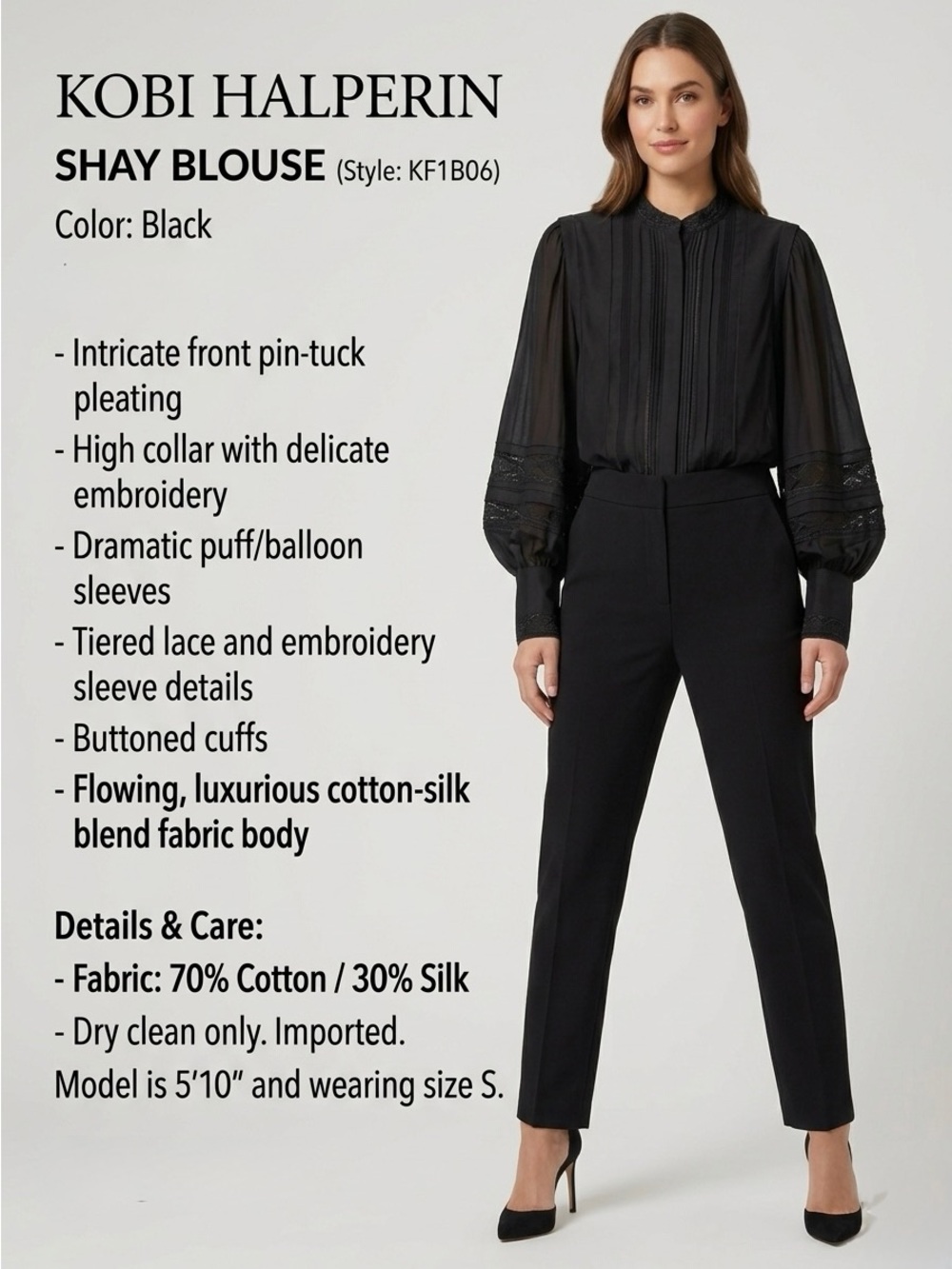 Kobi Halperin Shay Black Lace Inset Silk Blend bishop Sleeve Blouse Sz S NWT - Picture 4 of 15